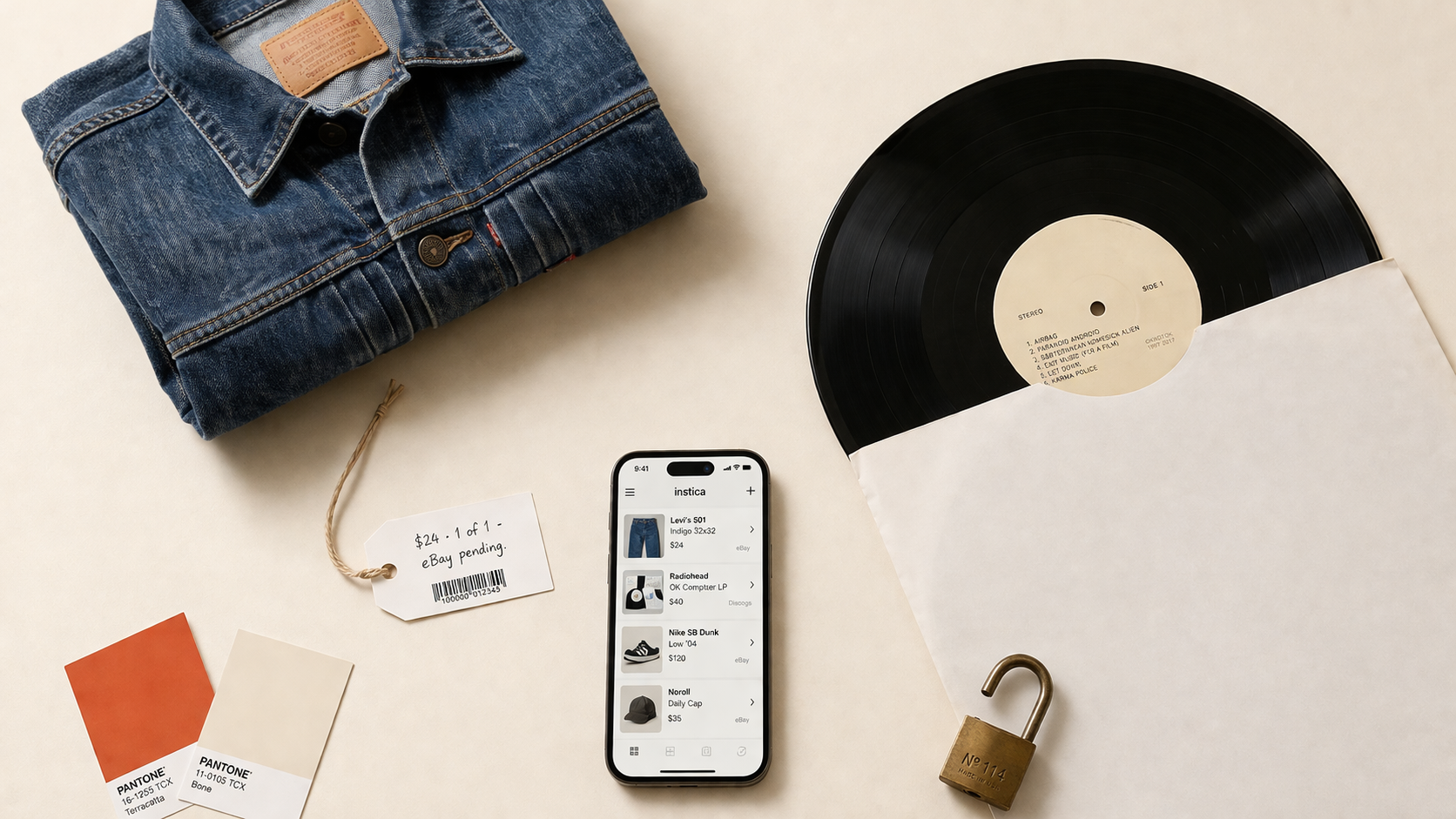 Instica app on iPhone surrounded by a denim jacket, vinyl record, price tag, and brass padlock on a bone canvas surface